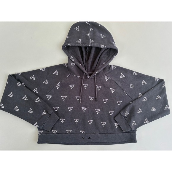 Guess Tops - Guess Los Angeles Women XL Cropped Hoodie Black All Over Logo Print Y2K